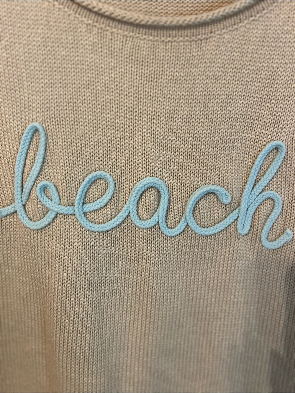 Marled Beige Crewneck Sweater with Light Blue 'beach' Embroidery - Picture 3 of 6